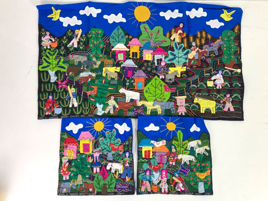 Set Of (3) Vintage Handmade Columbian Embroidery Folk Art Scenes Textiles Individually Signed (Larger Is 23 X 13 / Smaller Are 8 X 8) (JUST ADDED) [Photo 2]