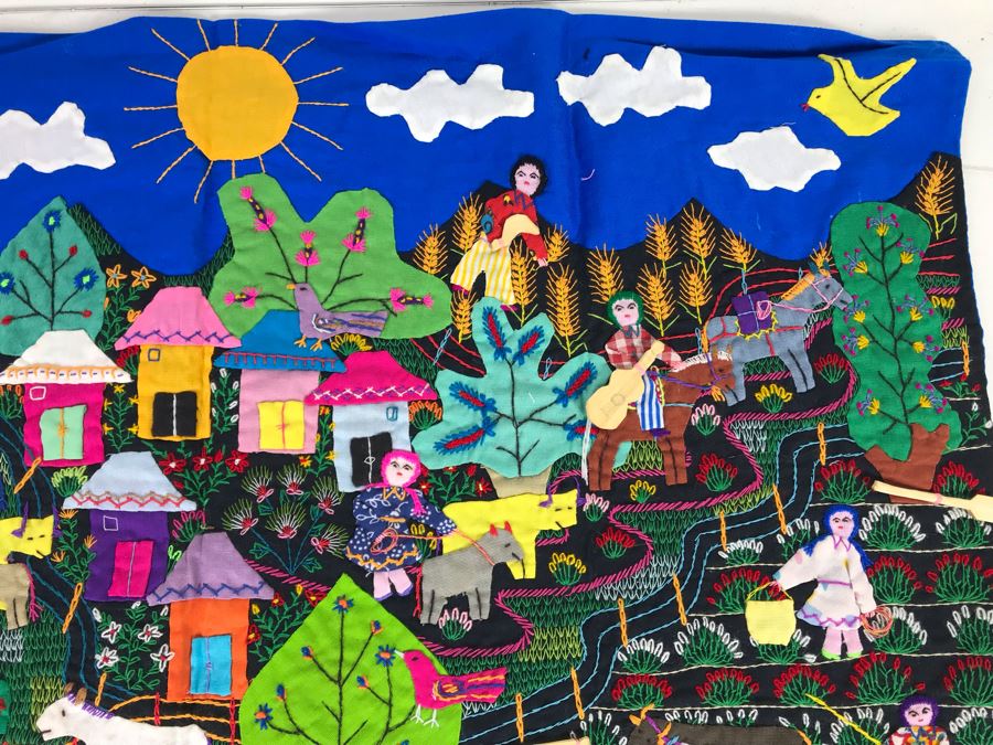 Set Of (3) Vintage Handmade Columbian Embroidery Folk Art Scenes Textiles Individually Signed (Larger Is 23 X 13 / Smaller Are 8 X 8) (JUST ADDED) [Photo 8]