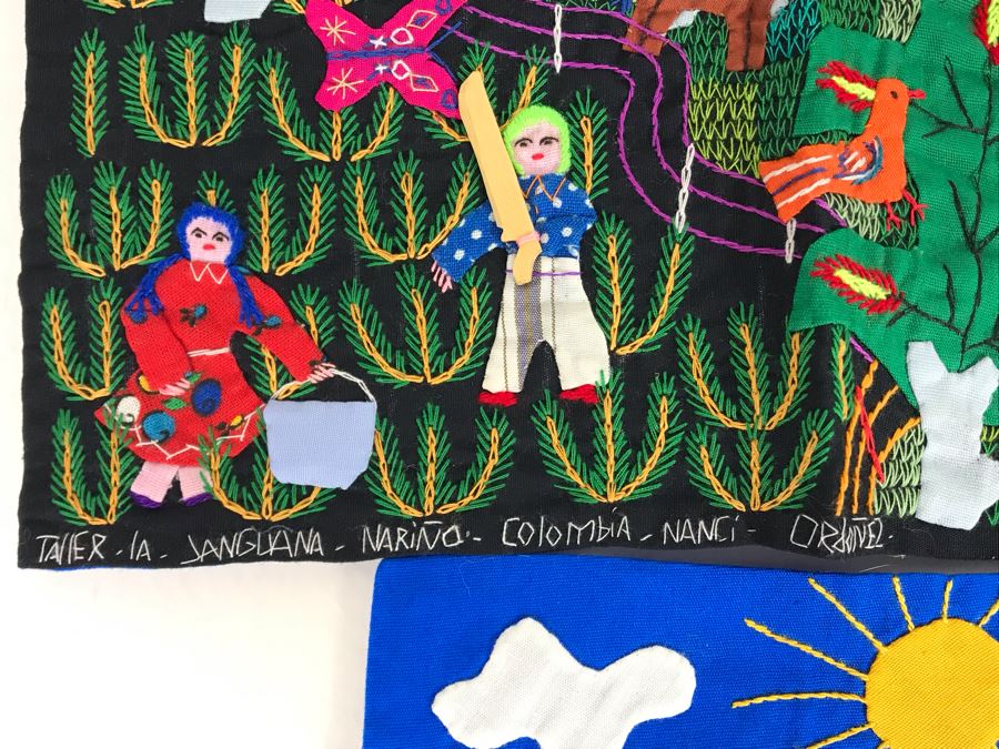 Set Of (3) Vintage Handmade Columbian Embroidery Folk Art Scenes Textiles Individually Signed (Larger Is 23 X 13 / Smaller Are 8 X 8) (JUST ADDED) [Photo 5]