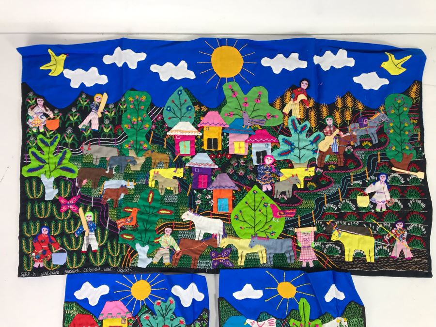 Set Of (3) Vintage Handmade Columbian Embroidery Folk Art Scenes Textiles Individually Signed (Larger Is 23 X 13 / Smaller Are 8 X 8) (JUST ADDED) [Photo 3]
