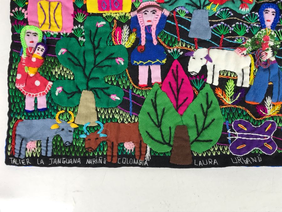 Set Of (3) Vintage Handmade Columbian Embroidery Folk Art Scenes Textiles Individually Signed (Larger Is 23 X 13 / Smaller Are 8 X 8) (JUST ADDED) [Photo 15]