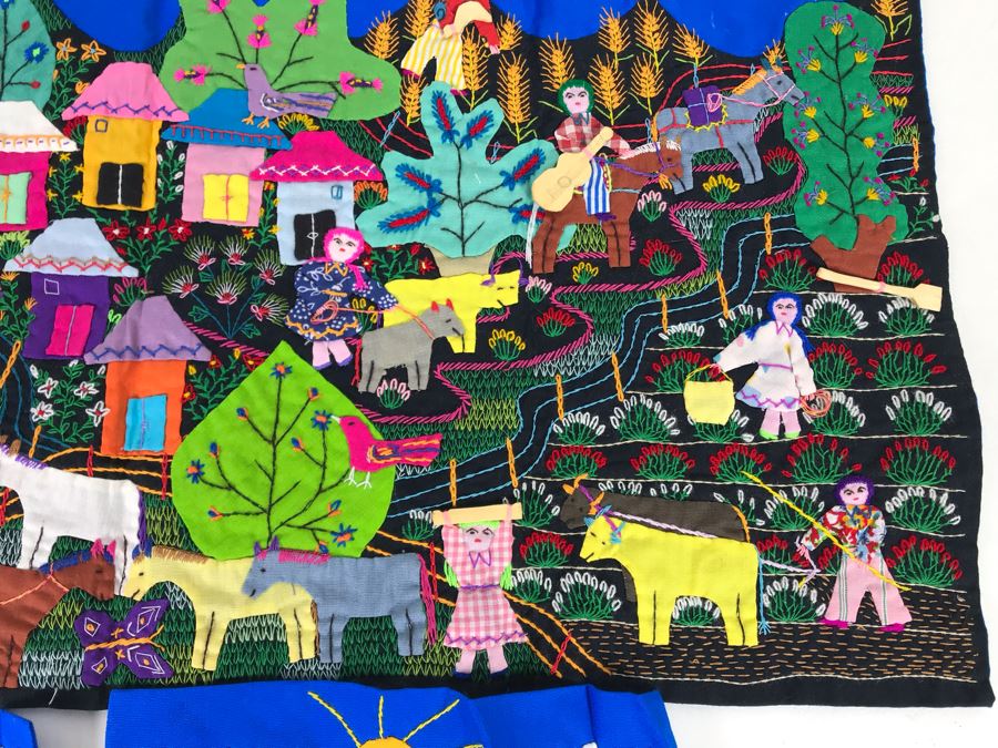 Set Of (3) Vintage Handmade Columbian Embroidery Folk Art Scenes Textiles Individually Signed (Larger Is 23 X 13 / Smaller Are 8 X 8) (JUST ADDED) [Photo 9]