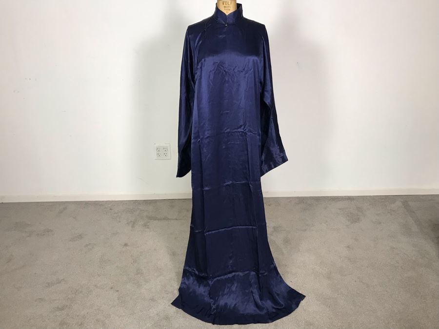 Vintage Navy Blue Silk Kimono Robe Buttons On Side (JUST ADDED) [Photo 2]