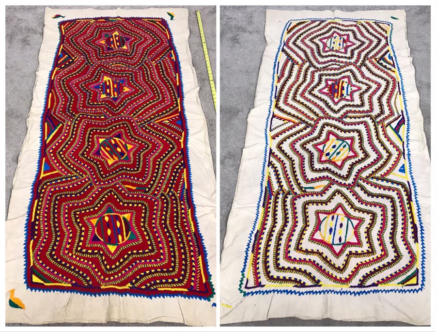 Double-Sided South American Detailed Geometric Hand Embroidered Textile (Photos Shows Front And Back Of Same Textile) 69 X 33 (JUST ADDED) [Photo 1]