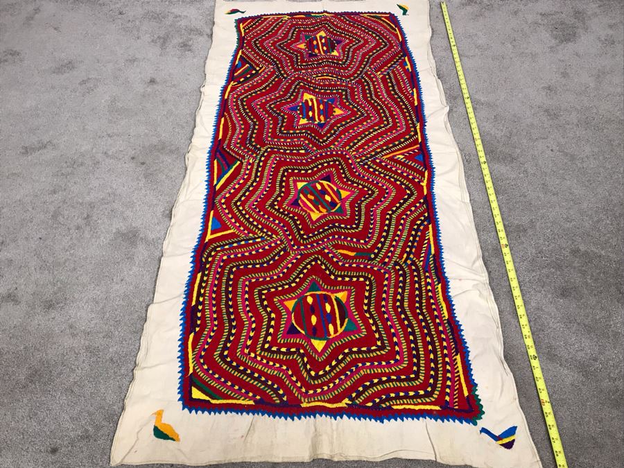 Double-Sided South American Detailed Geometric Hand Embroidered Textile (Photos Shows Front And Back Of Same Textile) 69 X 33 (JUST ADDED) [Photo 4]