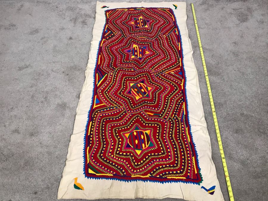 Double-Sided South American Detailed Geometric Hand Embroidered Textile (Photos Shows Front And Back Of Same Textile) 69 X 33 (JUST ADDED) [Photo 2]
