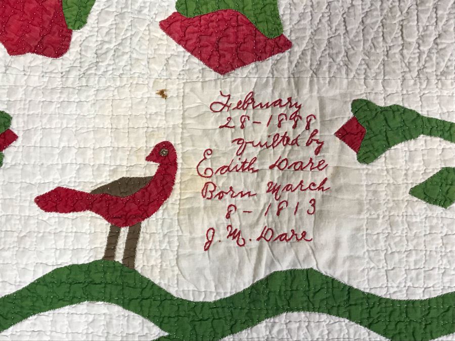 Antique 1888 Signed Handmade Quilt By Edith Dare With Mary Strickler's Quilt Bag Where Quilt Was Purchased 90 X 86 Some Staining (JUST ADDED) [Photo 5]