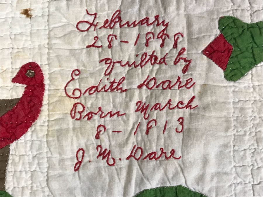 Antique 1888 Signed Handmade Quilt By Edith Dare With Mary Strickler's Quilt Bag Where Quilt Was Purchased 90 X 86 Some Staining (JUST ADDED) [Photo 6]