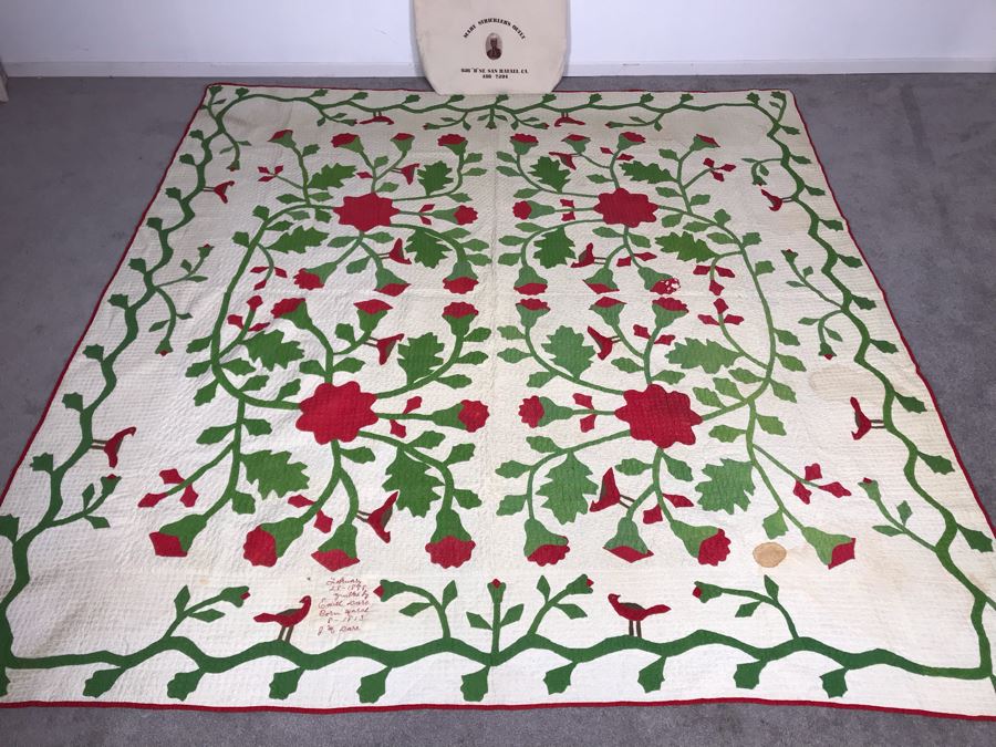 Antique 1888 Signed Handmade Quilt By Edith Dare With Mary Strickler's Quilt Bag Where Quilt Was Purchased 90 X 86 Some Staining (JUST ADDED)