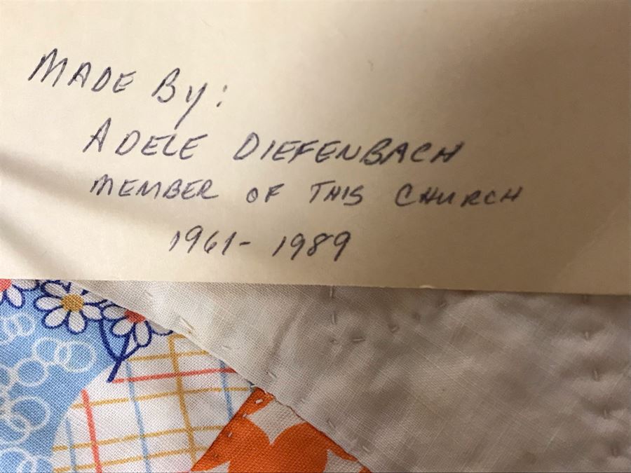 Large Vintage Handmade Quilt By Adele Diefenbach (Note Indicates She Was Church Member From 1961-1989 So Could Have Been Made Around This Timeframe) 103 X 86 (JUST ADDED) [Photo 11]