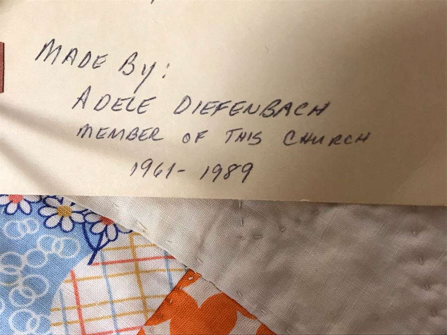Large Vintage Handmade Quilt By Adele Diefenbach (Note Indicates She Was Church Member From 1961-1989 So Could Have Been Made Around This Timeframe) 103 X 86 (JUST ADDED) [Photo 12]