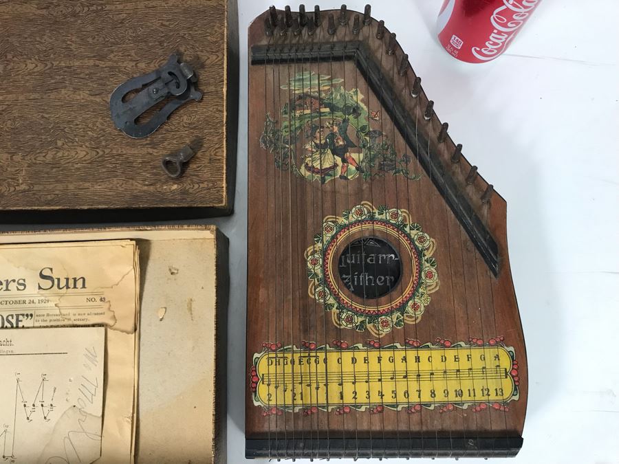Old German Guitarr-Zither With Zither Sheet Music - Working But See Photos For Wood Cracking Due To String Tension (JUST ADDED) [Photo 1]