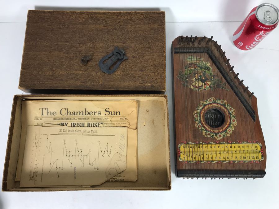 Old German Guitarr-Zither With Zither Sheet Music - Working But See Photos For Wood Cracking Due To String Tension (JUST ADDED) [Photo 2]