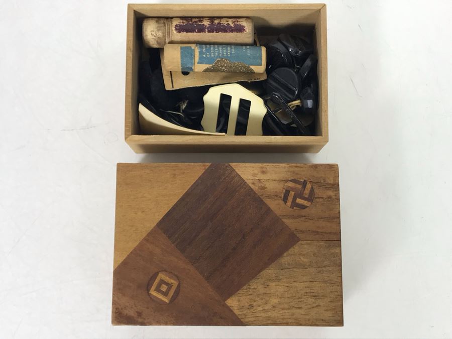 Antique 1905 Handmade Old Inlaid Wooden Box With Maker Note, Old Buttons And Sewing Supplies 4.25W X 3D X 1.75H (JUST ADDED) [Photo 1]