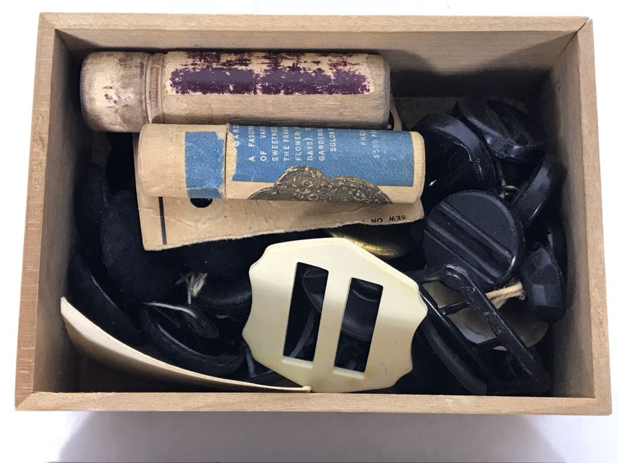 Antique 1905 Handmade Old Inlaid Wooden Box With Maker Note, Old Buttons And Sewing Supplies 4.25W X 3D X 1.75H (JUST ADDED) [Photo 5]