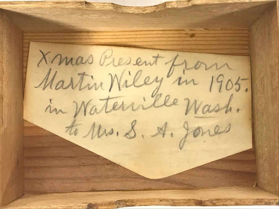 Antique 1905 Handmade Old Inlaid Wooden Box With Maker Note, Old Buttons And Sewing Supplies 4.25W X 3D X 1.75H (JUST ADDED) [Photo 6]