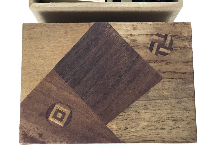 Antique 1905 Handmade Old Inlaid Wooden Box With Maker Note, Old Buttons And Sewing Supplies 4.25W X 3D X 1.75H (JUST ADDED) [Photo 3]