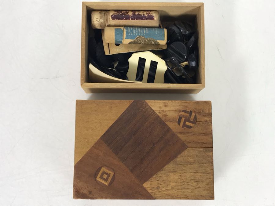 Antique 1905 Handmade Old Inlaid Wooden Box With Maker Note, Old Buttons And Sewing Supplies 4.25W X 3D X 1.75H (JUST ADDED) [Photo 2]