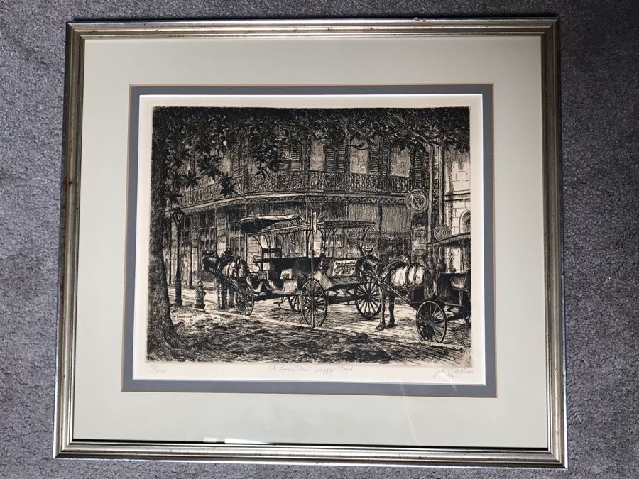 Vintage 1976 Signed Jack R Miller Etching Titled 'St. Louis Street Buggy Stand' 10 Of 200 14.5W X 12.5H (JUST ADDED)