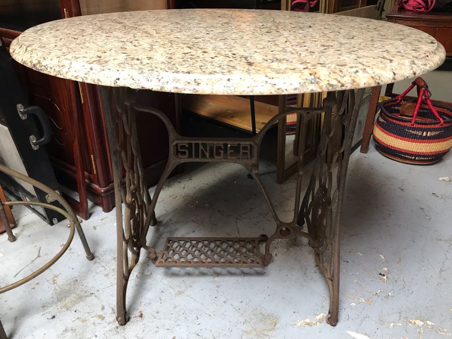 Antique Singer Cast Iron Base Table With Round Marble Top 36R X 29H (JUST ADDED)