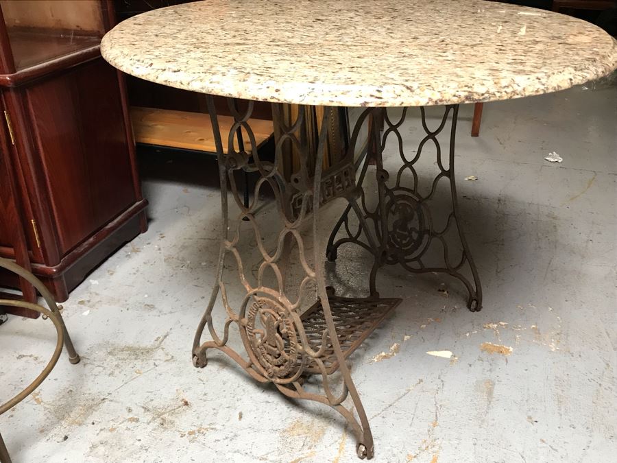 Antique Singer Cast Iron Base Table With Round Marble Top 36R X 29H (JUST ADDED) [Photo 7]