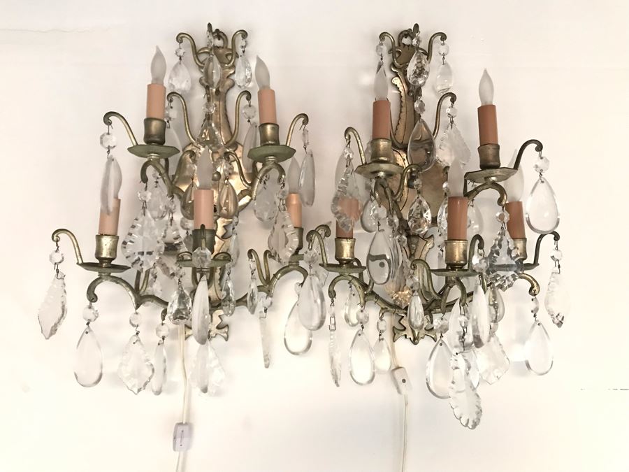 Pair Of Metal Crystal Wall Sconces 5-Lights Each - Plugs Into Outlet 20H X 14W (JUST ADDED) [Photo 1]