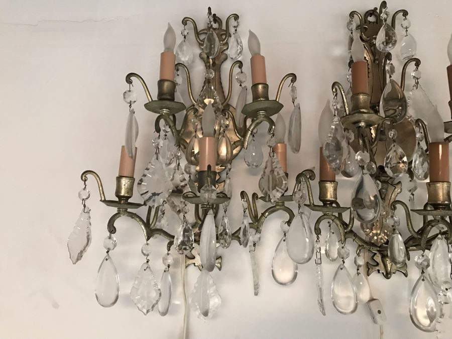 Pair Of Metal Crystal Wall Sconces 5 Lights Each Plugs Into Outlet 20h X 14w Just Added