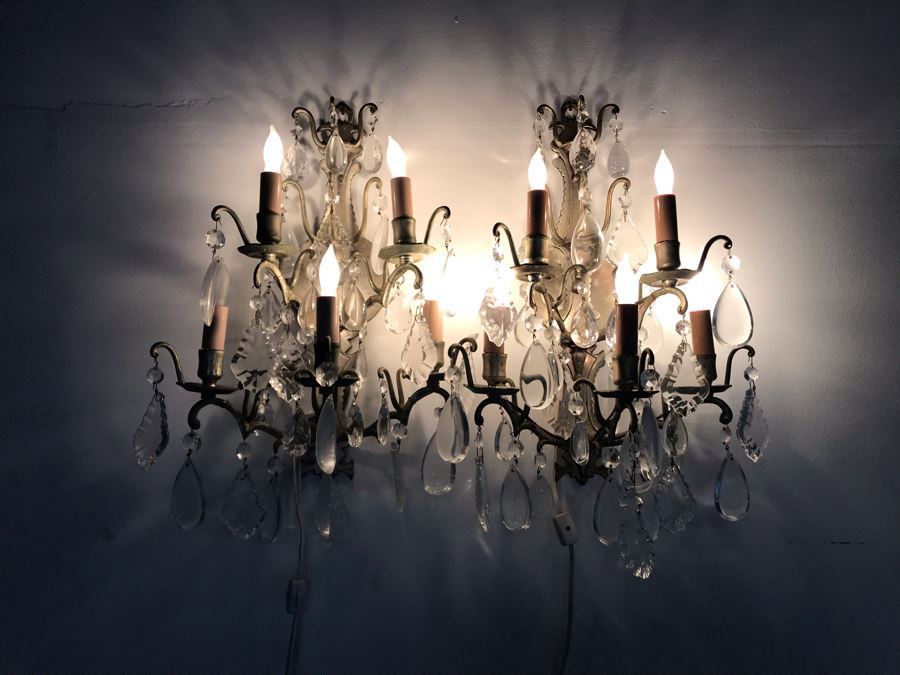 Pair Of Metal Crystal Wall Sconces 5-Lights Each - Plugs Into Outlet 20H X 14W (JUST ADDED) [Photo 3]