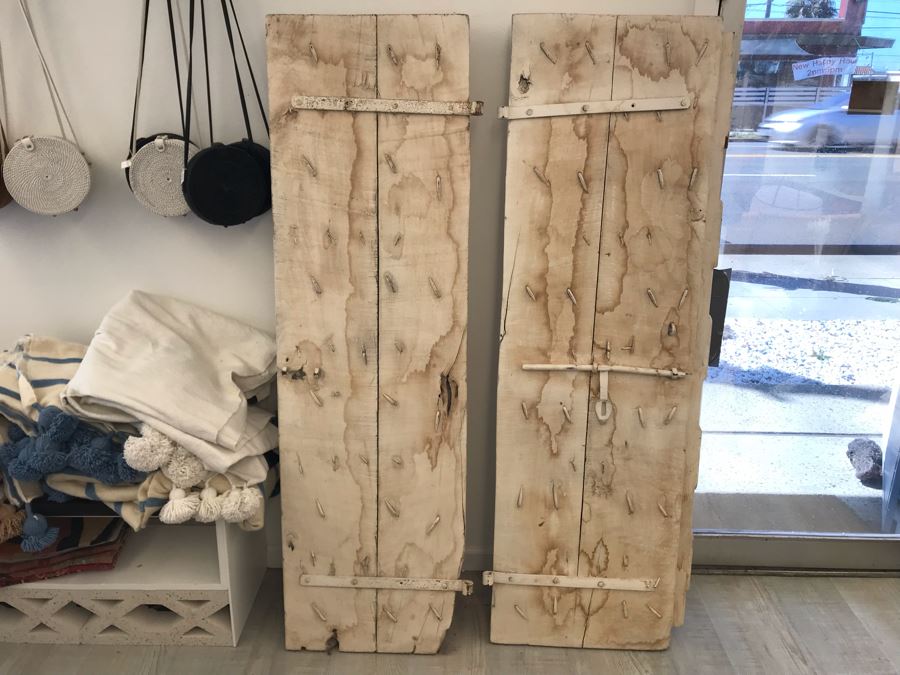 Vintage Pair Of Indian Wooden Panel Doors With Iron Hardware Antique White Heavy Each Apx 23W X 69H X 3.5D Retails $1,250 [Photo 9]
