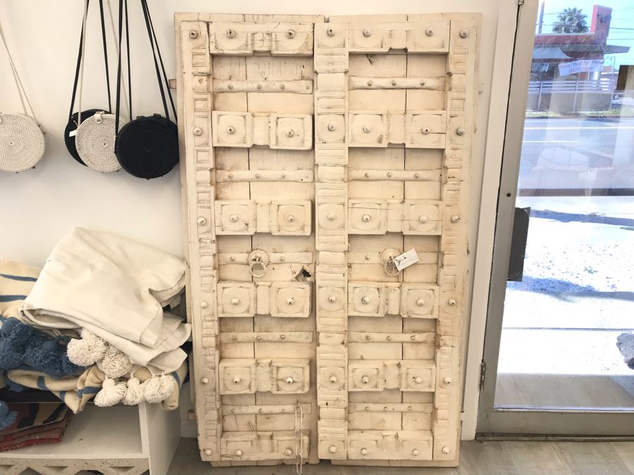 Vintage Pair Of Indian Wooden Panel Doors With Iron Hardware Antique White Heavy Each Apx 23W X 69H X 3.5D Retails $1,250 [Photo 2]