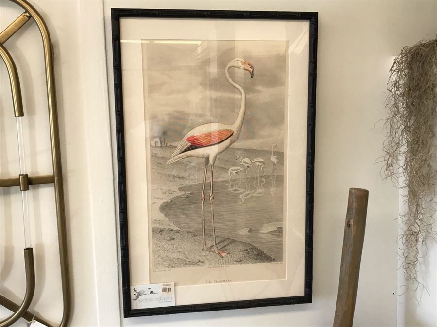 Flamingo Art Print In Bamboo Motif Black Frame 16W X 24H Retails $382