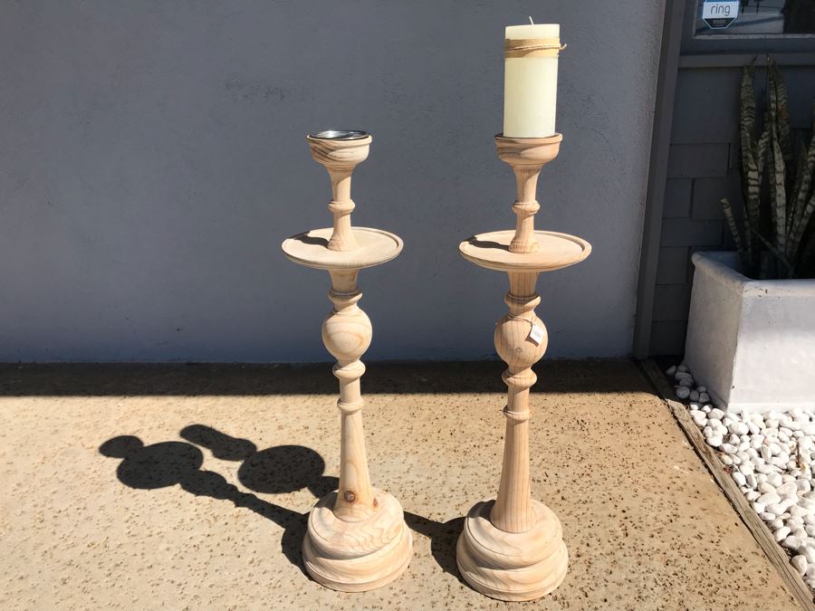 Pair Of Mandara Turned Pine Floor Candle Holders 31H Retails $260