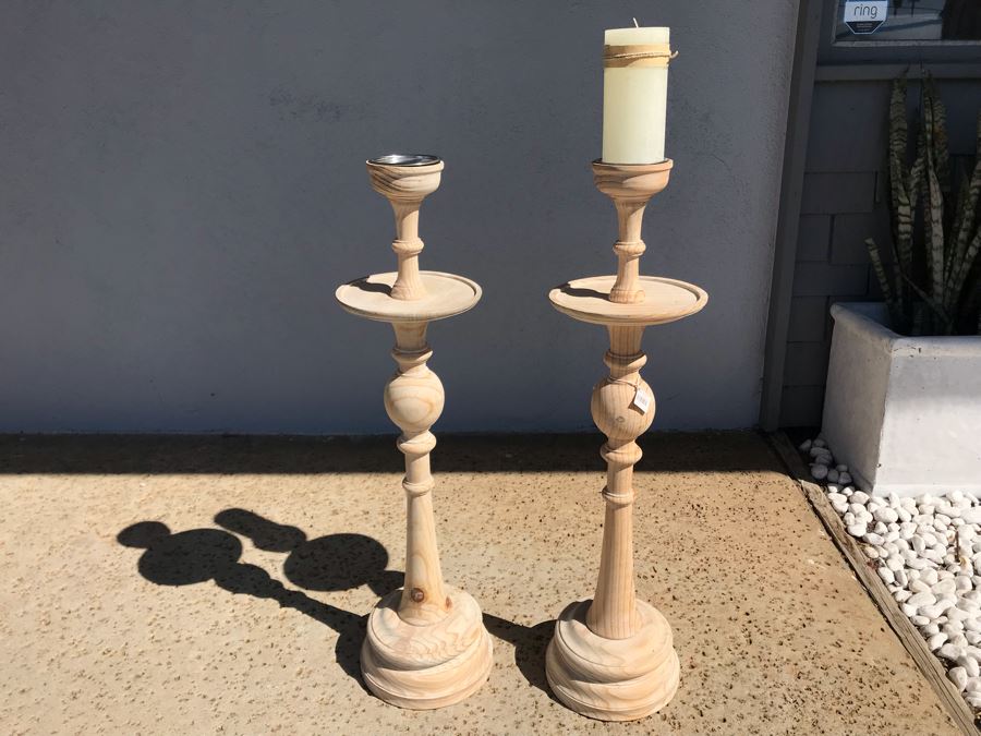 Pair Of Mandara Turned Pine Floor Candle Holders 31H Retails $260 [Photo 2]