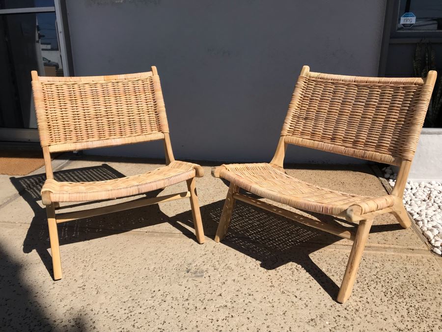 Pair Of Woven Wicker Seat / Back Wooden Mid-Century Modern Style Chairs [Photo 2]