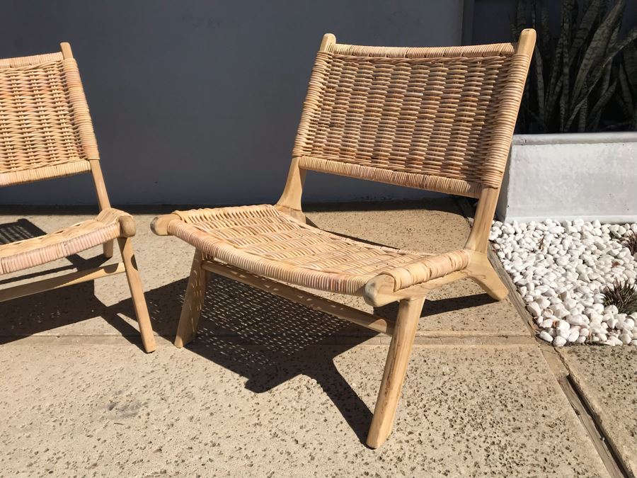 Pair Of Woven Wicker Seat / Back Wooden Mid-Century Modern Style Chairs [Photo 4]