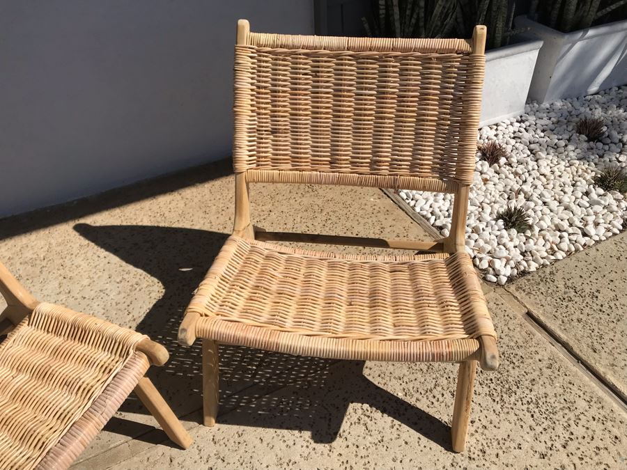 Pair Of Woven Wicker Seat / Back Wooden Mid-Century Modern Style Chairs [Photo 5]