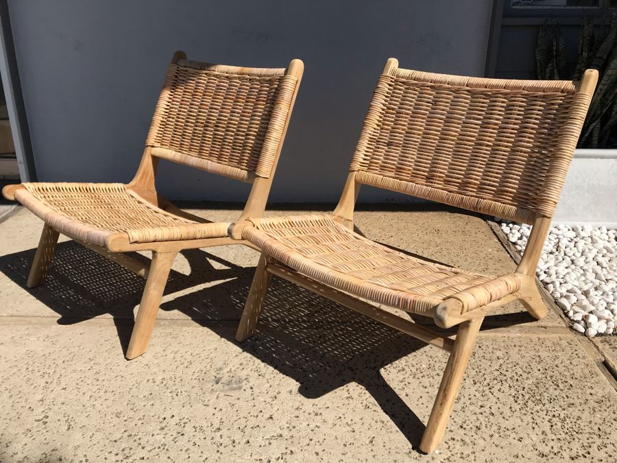 Pair Of Woven Wicker Seat / Back Wooden Mid-Century Modern Style Chairs [Photo 9]