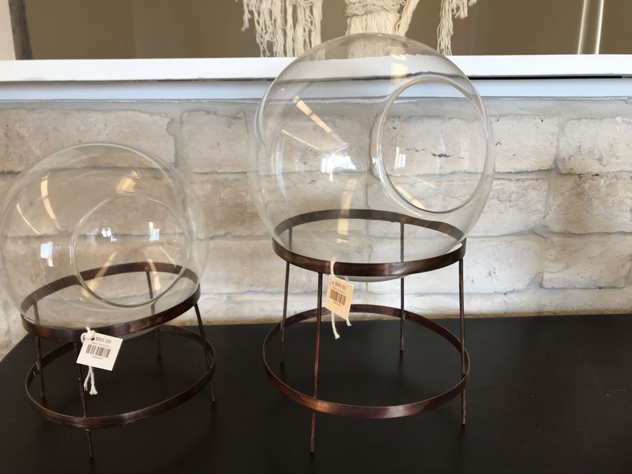 Pair Of Glass Terrariums With Metal Stands Larger Is 8W X 13H / Smaller Is 7W X 10H Retails $130 [Photo 3]