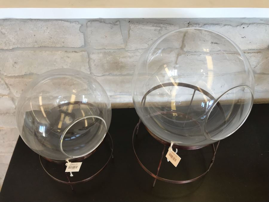 Pair Of Glass Terrariums With Metal Stands Larger Is 8W X 13H / Smaller Is 7W X 10H Retails $130 [Photo 4]