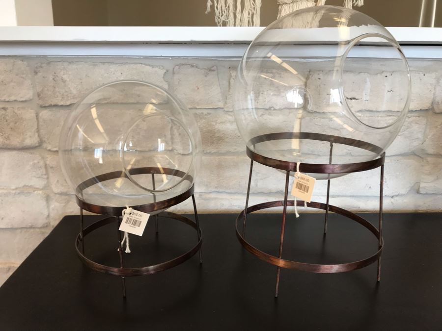 Pair Of Glass Terrariums With Metal Stands Larger Is 8W X 13H / Smaller Is 7W X 10H Retails $130 [Photo 1]