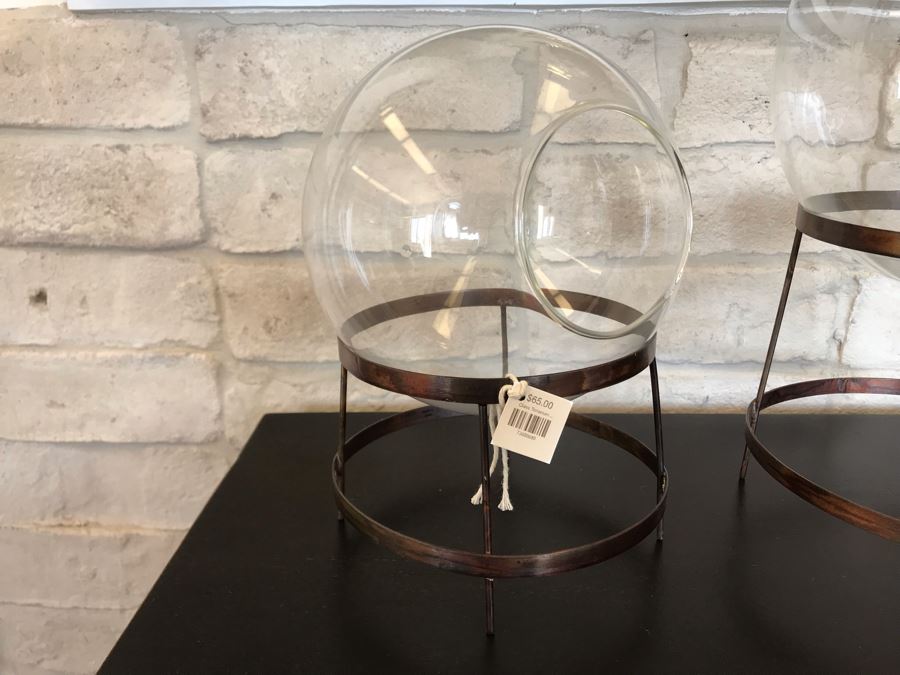 Pair Of Glass Terrariums With Metal Stands Larger Is 8W X 13H / Smaller Is 7W X 10H Retails $130 [Photo 2]
