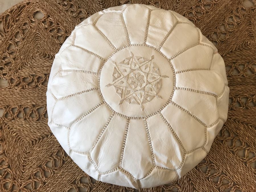Handmade Leather Pouf White 24R X 14H Retails $199 [Photo 4]