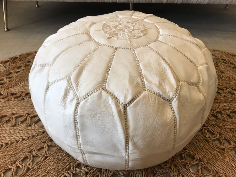 Handmade Leather Pouf White 24R X 14H Retails $199
