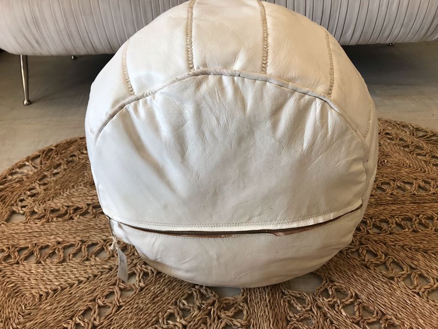 Handmade Leather Pouf White 24R X 14H Retails $199 [Photo 6]