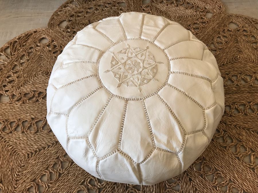 Handmade Leather Pouf White 24R X 14H Retails $199 [Photo 3]