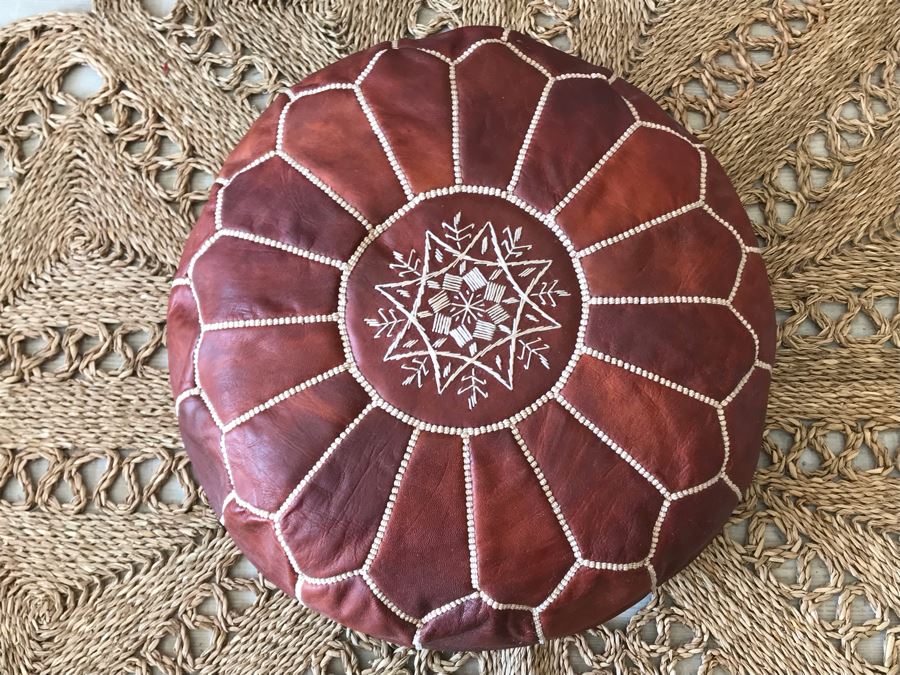 Handmade Leather Pouf Brown 24R X 14H Retails $199 [Photo 3]