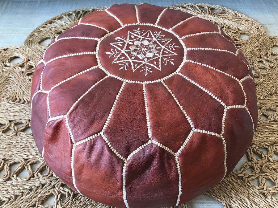 Handmade Leather Pouf Brown 24R X 14H Retails $199 [Photo 2]