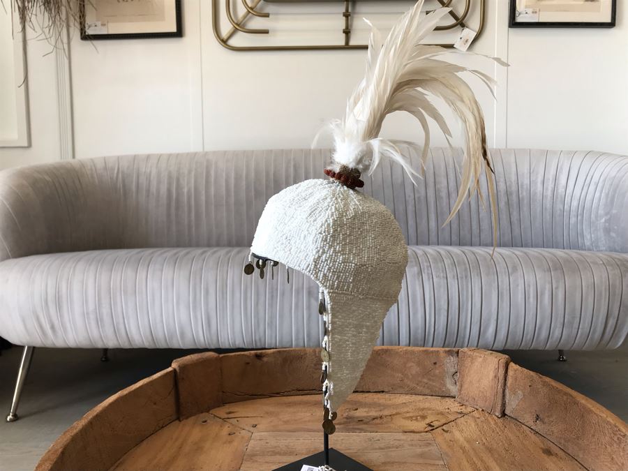 Indonesian Hand Beaded Hat With Feathers And Metal Display Stand Retails $168 [Photo 15]
