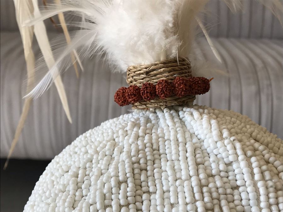 Indonesian Hand Beaded Hat With Feathers And Metal Display Stand Retails $168 [Photo 5]