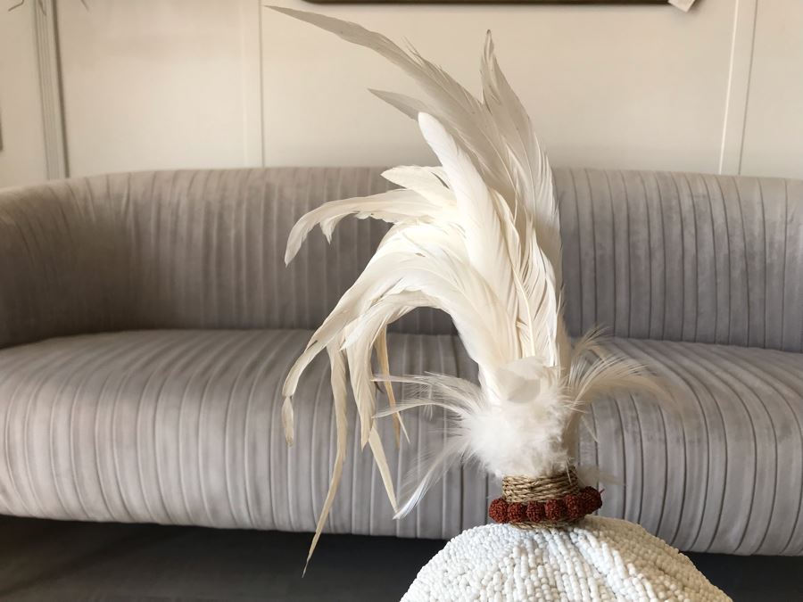 Indonesian Hand Beaded Hat With Feathers And Metal Display Stand Retails $168 [Photo 4]